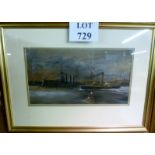 A framed mixed medial study of 'Invictor' paddle steamer alongside a large warship at Chatham Docks