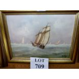 A framed French oil on canvas depicting sailing ships at sea signed A Levy lower right (23 x 32 cm