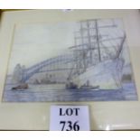 A framed and glazed watercolour of a large vessel Sydney Harbour,