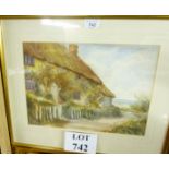 A framed and glazed watercolour study of a thatched cottage with a country lane close by mono C.