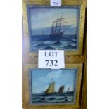 A pair of framed oil on board studies of sailing ships at sea of Dunmow, Essex,