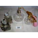 Two glass engraved atomizers and a pair of French perfume bottles with dragonfly decoration est: