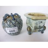 A Chinese blue and white 'pomegranate' pen stand and a blue and white vessel on tripod base est: