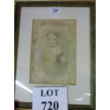 A framed and glazed Dutch style drawing study of a young girl in bonnet & lace dress signed
