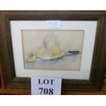 A framed and glazed watercolour still life study of a sliced lemon with a glass of water or gin,