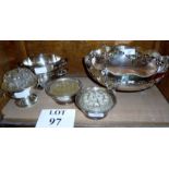 A large plated pedestal bowl with pierced decoration and two pairs of rose bowls and one other (6)