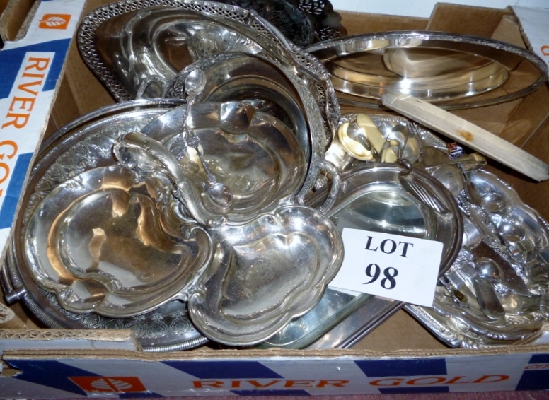 A quantity of plated items to include a bread board, fruit basket, trefoil dish,