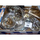 A quantity of plated items to include a bread board, fruit basket, trefoil dish,