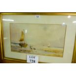 A framed and glazed watercolour beach scene 'On the Dutch Coast' depicting figures by a beached