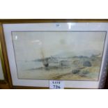 A framed and glazed watercolour study of 'Dunoon on Clyde' coastal scene with sailing ship signed J