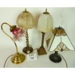 Four table lamps to include one with cranberry glass shade;