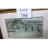 A framed and glazed watercolour study of a view down to a bridge over a river signed H Walton lower