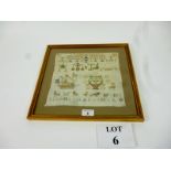 A Victorian sampler worked in coloured threads with figures and motifs and 'SIDONIE CARDINAL 1861',