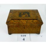 A 19th century pen work box, the hinged top with central figural panel surrounded by fruiting vines,