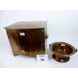 An Arts and Crafts copper coal box and a copper bowl lacking hande est: £40-£60 (BB34)