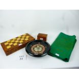 A combined chess and draughts board box; a card case,