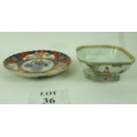 A Chinese square bowl decorated with figural scenes in Famille Jaune enamels and an Imari scallop