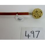 A walking stick with ivory puzzle ball h