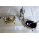 A three piece silver condiment set with