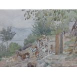 PHILIPPE WALLET (born 1900 -) watercolour herd of goats on lakeside track by a water pump & trough,