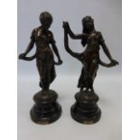 Pair of 19thC French figures of women "Modistie" and "Gaiete" raised on circular plinths,