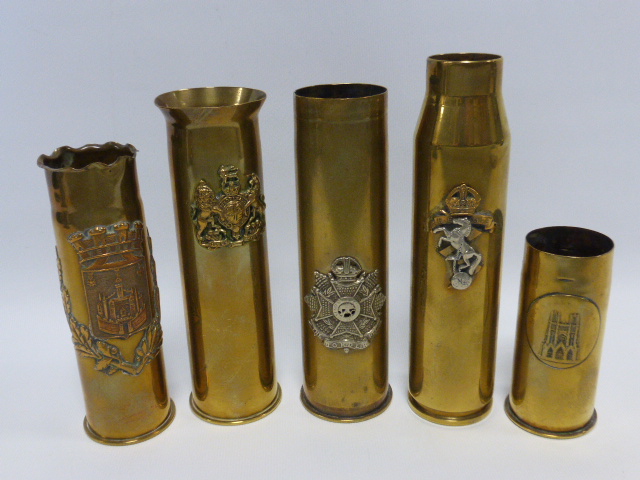 Trench Art - five shell case vases inc The Border Regiment, tallest 17cm high.