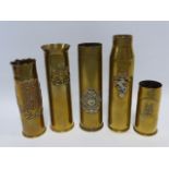 Trench Art - five shell case vases inc The Border Regiment, tallest 17cm high.