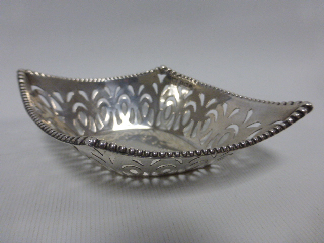 Navette shaped pierced silver dish hallmarked Birmingham 1908 by makers Alexander Clark & Co Ltd,