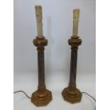 Pair of decorative tall wooden Corinthian column table lamp bases, 60cms in height.