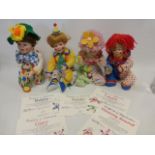 Four collectors Clown dolls by FayZah Spanos for Danbury Mint - Kenny, Laurie, Bobby and Gary,