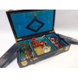 Jewellery box containing vintage jewellery including a coral bead necklace, silver cuff-links,