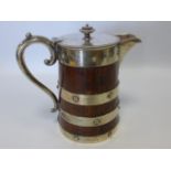 Oak Ale jug with silver plated cover & mounts and ceramic liner, 20cm high.