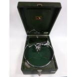 HMV Gramophone (Green) in very good cosmetic condition, some attention required to wind up spring.