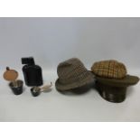 Two hip flasks, two sets of stirrup cups,