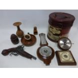 Selection of assorted items inc treen pieces, three barometers, replica pistol,