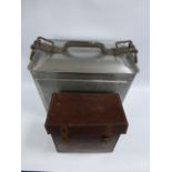 Military leather case with strap and a military 1953 large metal food container with cover & clamp