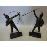 Two 20thC bronzed metal figures of classical warriors one with spear & shield the other with bow &