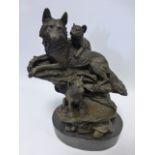 Cast Bronze after Herzel of a Wolf with two cubs on a rocky outcrop, on oval marble base, 31cm high.