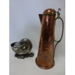 Large copper lidded ewer with embossed leaf and berry decoration, 32.