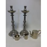 Pair of tall pewter candlesticks with drip trays, marked John Somers Brazil, approx 45cm high,