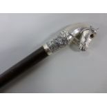 A walking cane with a continental silver knop in the form of a reined horses head, stamped 800.