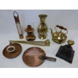 Assorted brass, copper & treen items etc inc ships wheel nut cracker bowl.