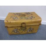 Vintage painted tin trunk with cherub decoration, interior lined, 49x32x31cms.