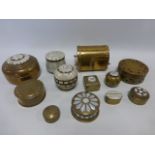 Collection of brass and MOP inlaid trinket pots including a brass twin handled domed casket.