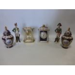Ceramic mantle clock with matching pair of urn vases,