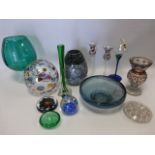 Collection of assorted coloured glass wares inc large brandy balloon vase,