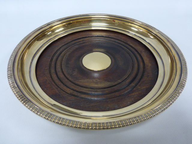 Large silver gilt coaster hallmarked Birmingham 1990 by makers JB Chatterley & Sons Ltd,