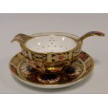 Royal Crown Derby Imari pattern tea strainer with drip bowl and under tray.