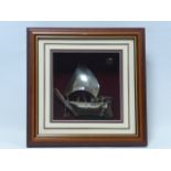 Framed silver model of a Dhow. The Dhow stamped 925 measuring approximately 15cms in height,