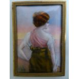 A miniature of a young lady with painted highlights, in gilt metal frame, 11x7.75cms.